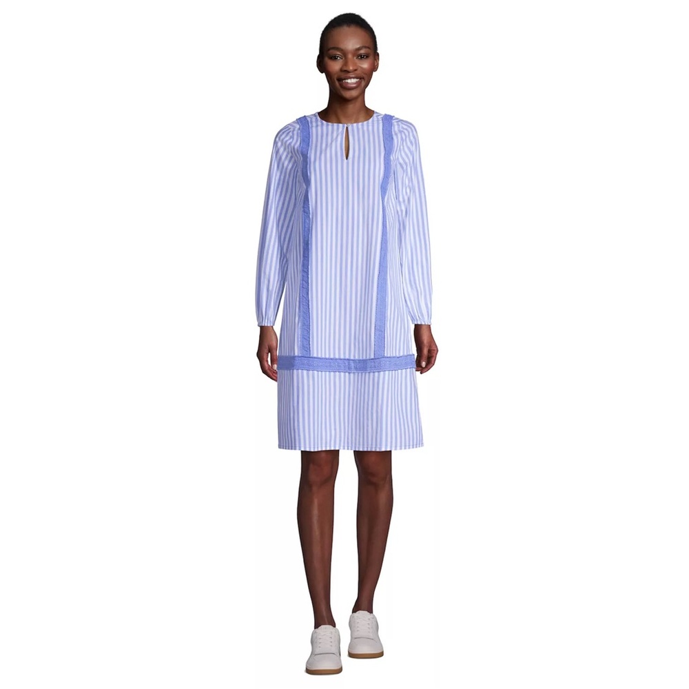 Lands’ End Poplin Splitneck Drop-Waist Dress in Chicory Blue Drop